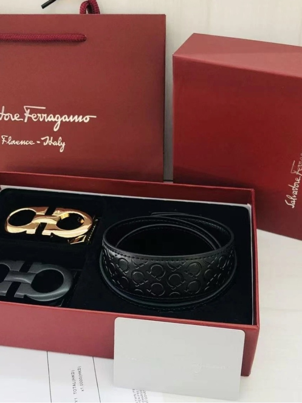 Salvatore Ferragamo Black Embossed Leather Belt with Gold and  Gancini Buckles
